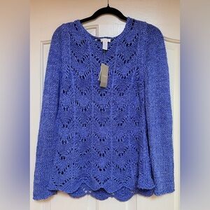 NWT Chico's Blue Scallop Pullover Crochet Crew Neck Sweater Women’s Sz 1=Med.